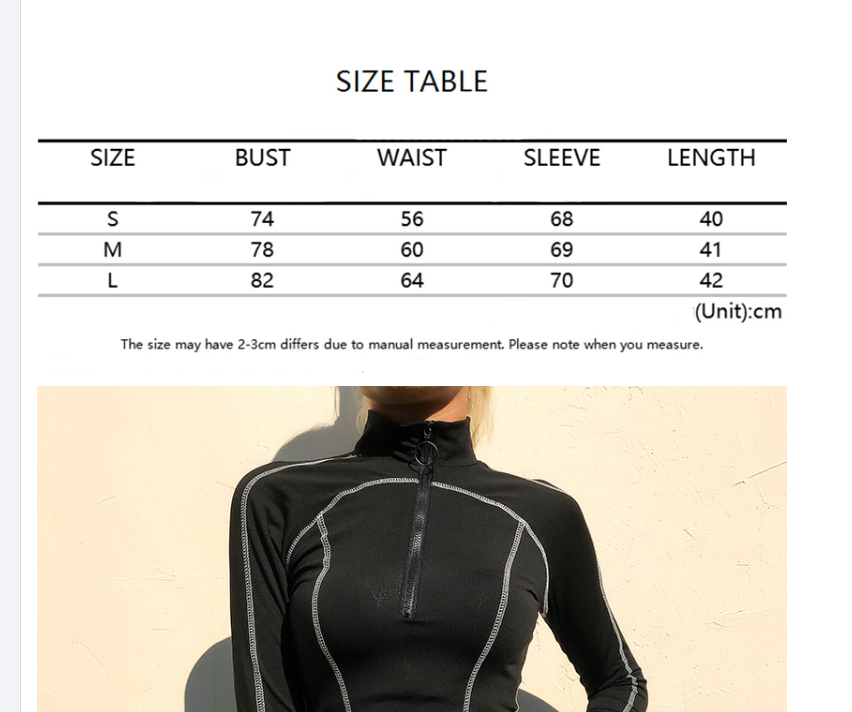 Size chart for Crop Top with sleeves in color black with zipper