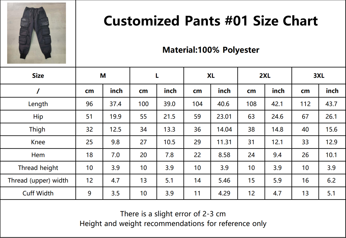 Size chart for Techwear Cargo Pants, silk screen printed with the Logo Dxrk Eternity