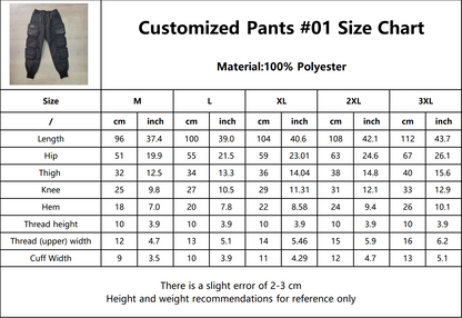 Size chart for Techwear Cargo Pants, silk screen printed with the Logo Dxrk Eternity