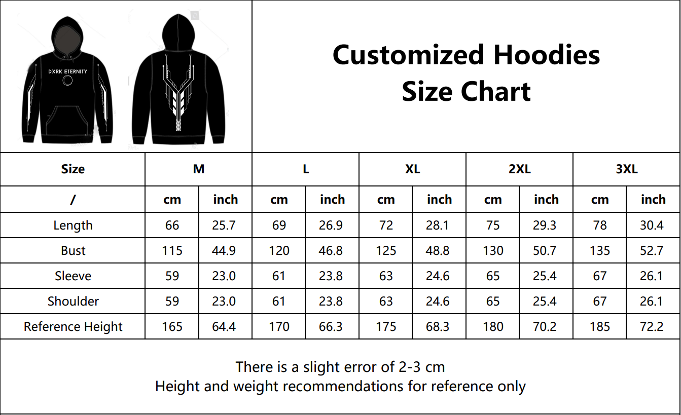 Size chart for 390gsm 100% Cotton Hoodie with Dxrk Eternity Logo printed