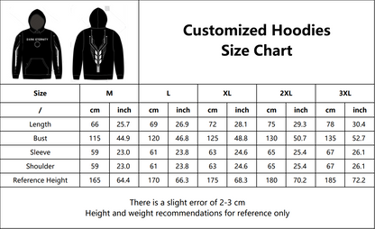 Size chart for 390gsm 100% Cotton Hoodie with Dxrk Eternity Logo printed