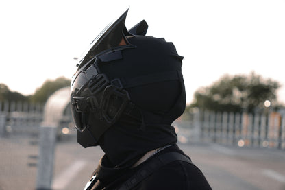 White male wearing a Cyberpunk styled helmet