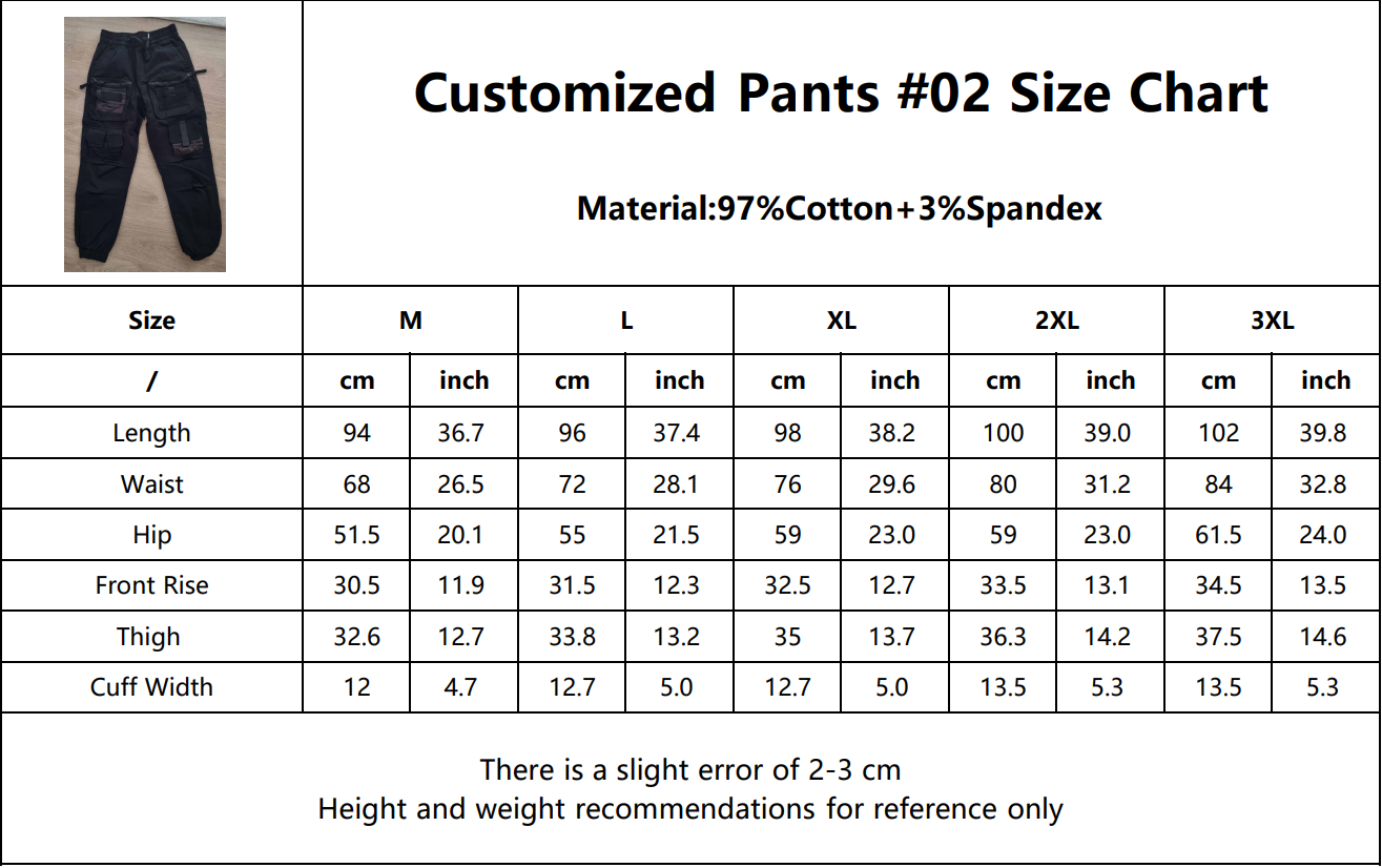 Size chart for Techwear styled Pants with 4 pockets, 2 with zippers 2 normal 