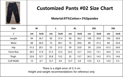 Size chart for Techwear styled Pants with 4 pockets, 2 with zippers 2 normal 