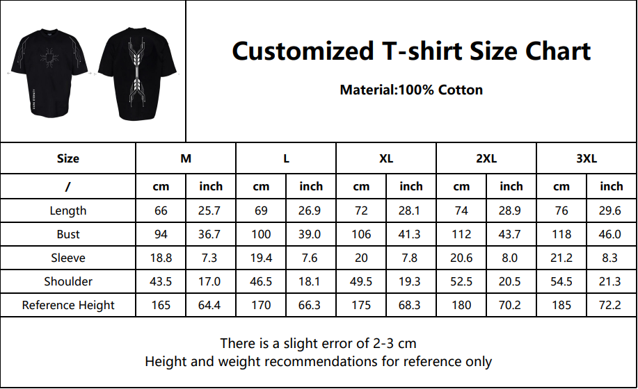 Size chart for 100% Cotton T-Shirt printed Dxrk Eternity logo on front an sandevistan on the back