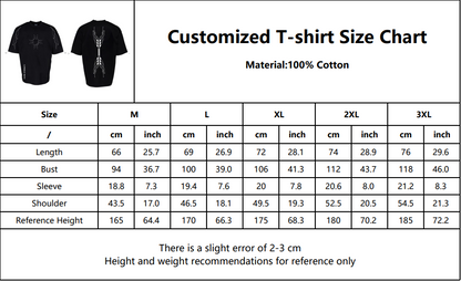 Size chart for 100% Cotton T-Shirt printed Dxrk Eternity logo on front an sandevistan on the back