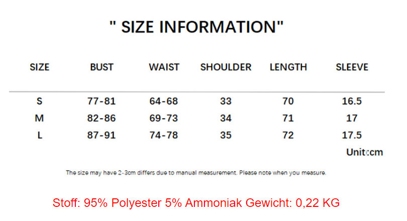 Size chart for a black bodysuit top set